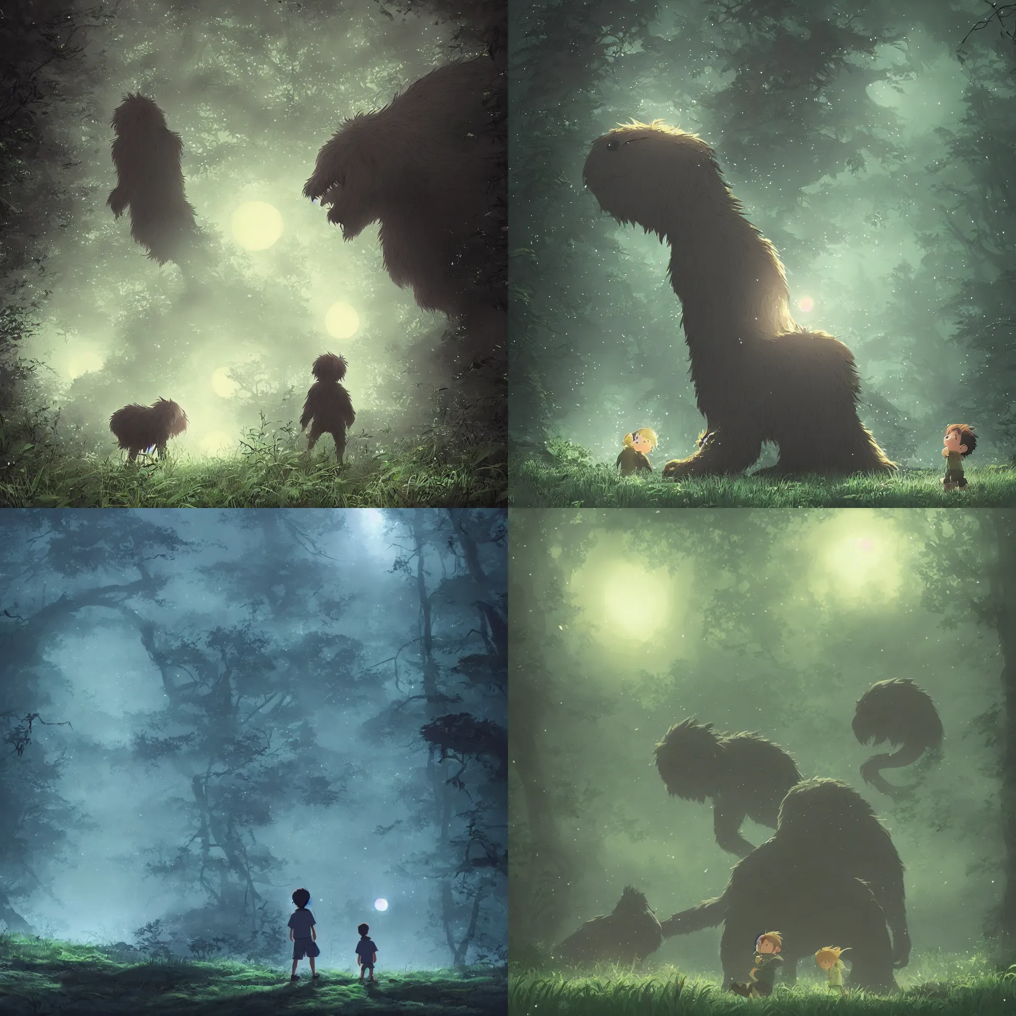 Image similar to a small boy discovers a giant hairy monster in a misty moonlit forest, surrounded by fireflies, art by studio ghibli, trending cgsociety, cinematic lighting