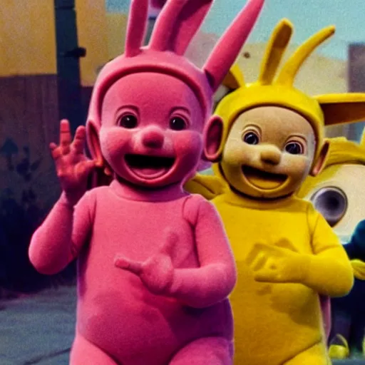 Prompt: The Teletubbies in a Los Angeles street gang, showing gang signs, photograph