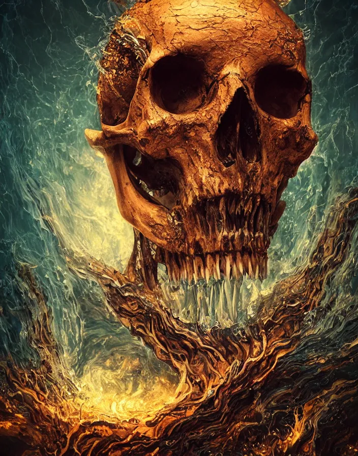 Image similar to portrait of a monster skull. thousands of teeth. burning water distortions. intricate abstract. intricate artwork. by Tooth Wu, wlop, beeple, dan mumford. octane render, trending on artstation, greg rutkowski very coherent symmetrical artwork. cinematic, hyper realism, high detail, octane render, 8k, depth of field, bokeh. iridescent accents