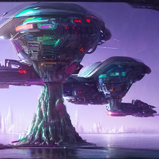 Prompt: cyberpunk futuristic treehouse on another planet floating on an island in the water, fine art, digital painting, cinematic lighting, hyperdetailed, photorealistic, 8k, high resolution, vibrant colors, insanely detailed and intricate, ray tracing, award winning, featured in artstation, octane render