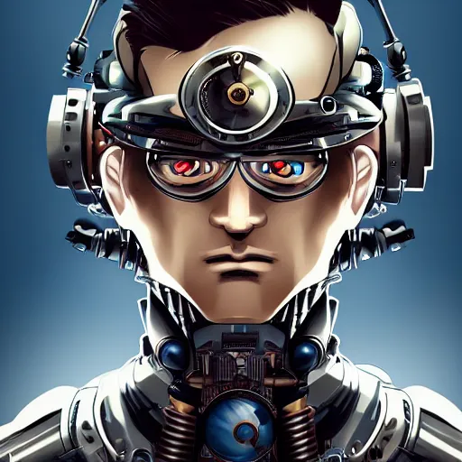 Image similar to steampunk cyborg man, anime, portrait, finely detailed, cinematic lighting,