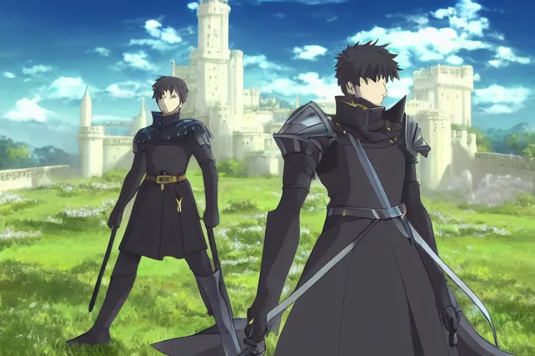 Prompt: A confident male knight standing in front of a giant fantasy castle in the style of Fate/Zero by Ufotable, full colour, zoomed out, low perspective, anime style