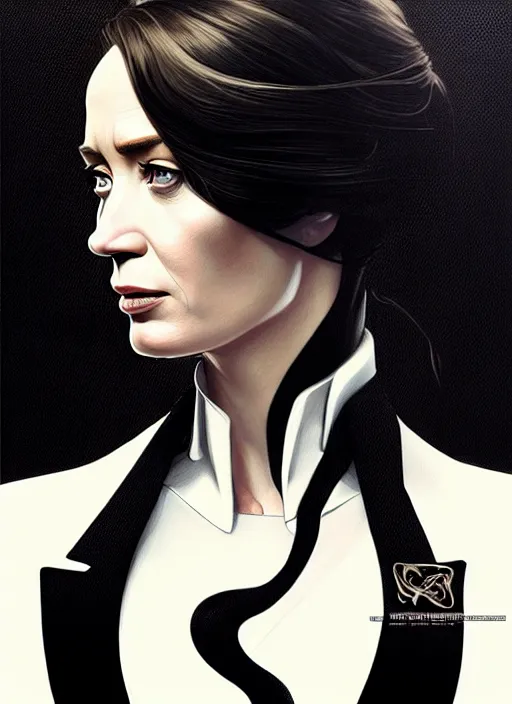 Prompt: portrait of emily blunt with snake eyes as business woman, black suit, white shirt, black tie, intricate, headshot, highly detailed, digital painting, artstation, concept art, sharp focus, cinematic lighting, illustration, art by artgerm and greg rutkowski, alphonse mucha, cgsociety