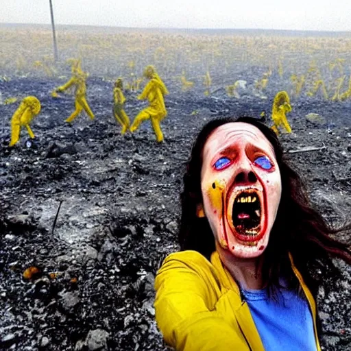 Image similar to selfie of a ukrainian screaming in pain and terrible injuries from a nuclear explosion, everything is on fire and radiation, in the background there are a lot of people like zombies, corpses and skeletons, a large nuclear explosion in the background, people are painted in yellow and blue, all dirty with severed limbs, doomsday