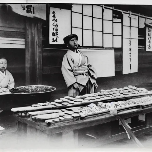 Prompt: Portrait of a 19th century Japanese gyuto trader at a Kyoto street market, 1900s photography