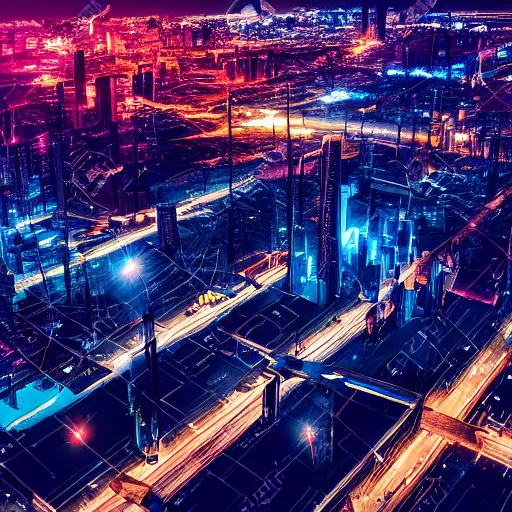 Image similar to aerial shot of the impressive dystopian cyberpunk city at night during amazing storm, nightscape, futuristic architecture, realistic photo, neons