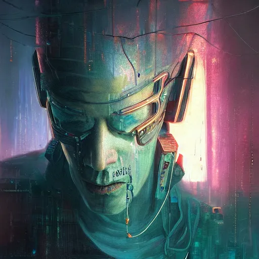 Image similar to an enigmatic and terrifying painting of a cyberpunk portrait by marc simonetti, colour, hyper detail, 8 k, one giant oak, universe, nebula, burst of colour, imaginary, roots, concept art, out of this world, depth, incredible depth