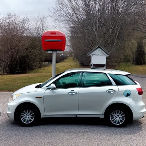 Prompt: a ((((((((((tiny)))))))))) car next to a mailbox