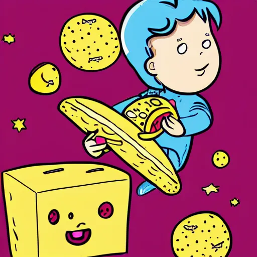 Image similar to an old comic book style drawing of a little boy flying through space eating pizza and cheese, where the planets are candy, hd, trending on artstation