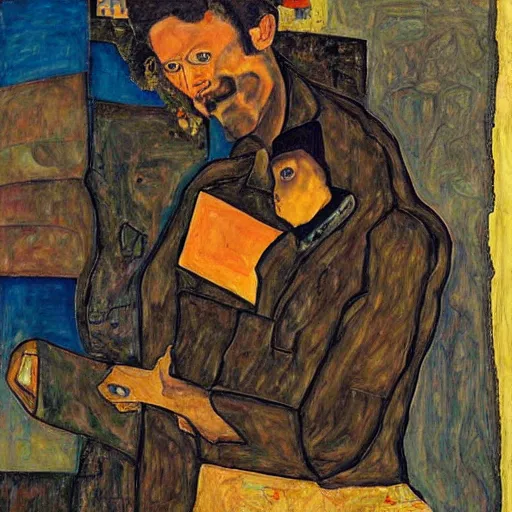 Prompt: Moodymann browsing a crate of records, oil on canvas, by Egon Schiele