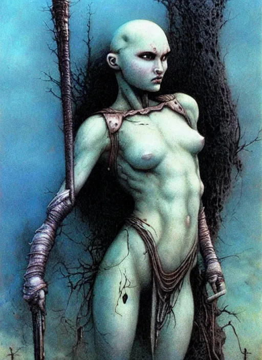 Image similar to bald barbarian teen girl by Beksinski and Luis Royo