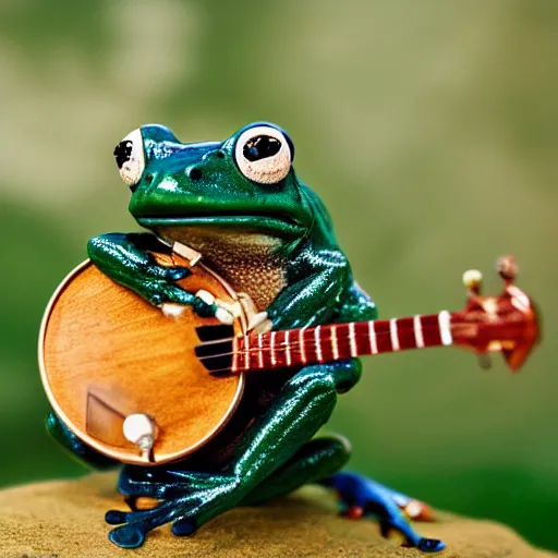 Prompt: Photograph of a frog playing a banjo on a tiny island, tilt shift lens, ultra high quality