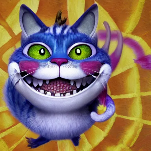 Image similar to the cheshire cat grinning, alice in wonderland, pixar, highly detailed intricate painting