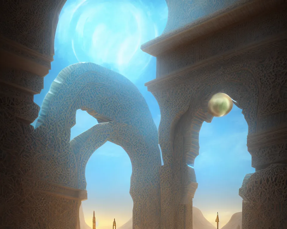 Image similar to an islamic style ornamental gate in the desert opens into an other dimension with different alien landscape. ornament, intarsia, portal, doorway, dynamic lighting, ambient lighting, atmospherical, photorealistic fantasy concept art, trending on art station, stunning visuals, creative, cinematic, ultra detailed