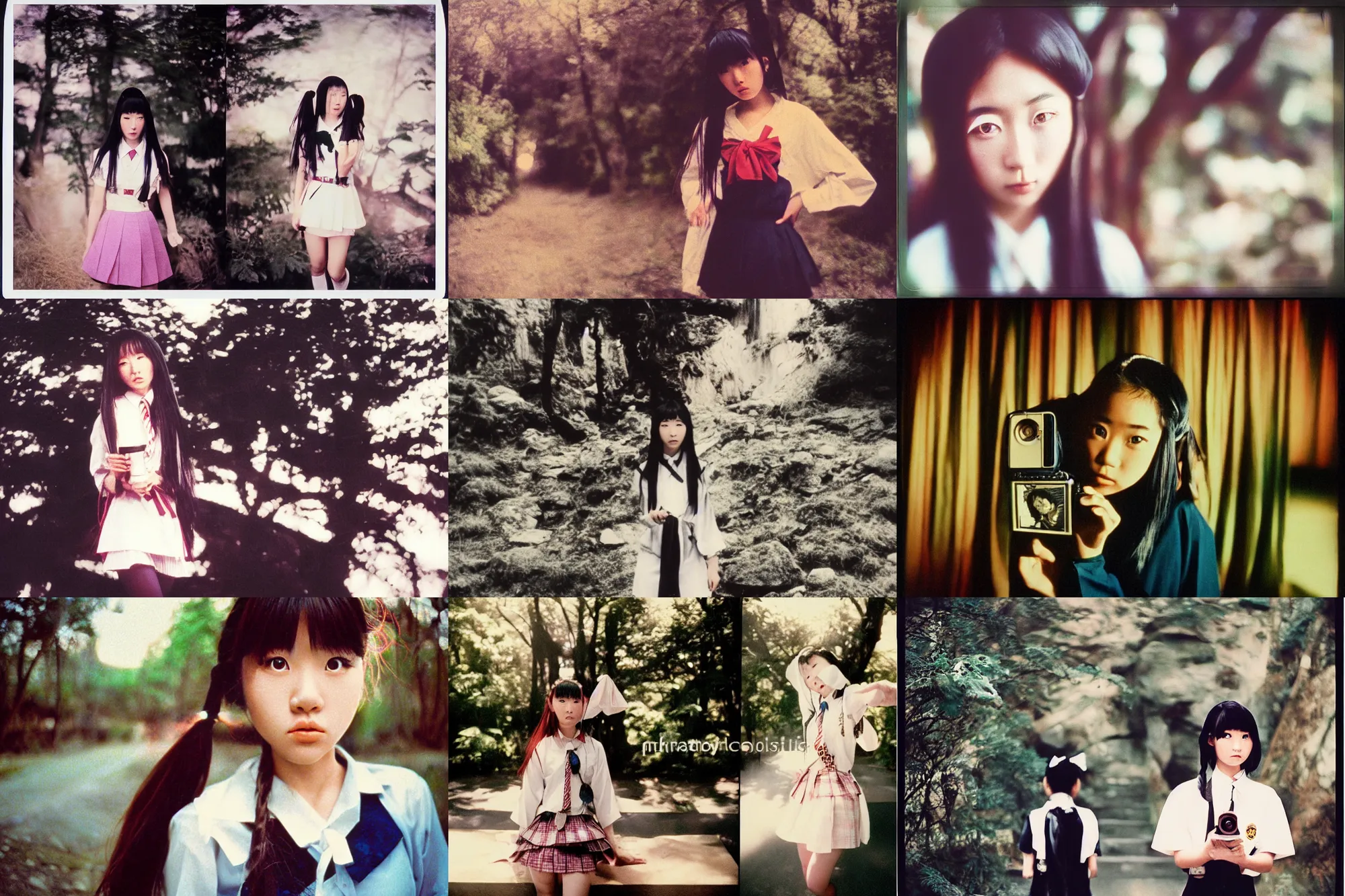 Image similar to epic, cinematic 1 9 9 0 s film still movie shot of a mystical occult japanese schoolgirl. instagram photo at behance, polaroid kodak portra, hollywood