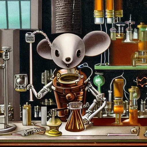 Image similar to a steampunk robot mouse performing a chemistry experiment at a lab bench, grimy, beakers are glowing, the lab is packed with equipment, renaissance painting, pastel colors