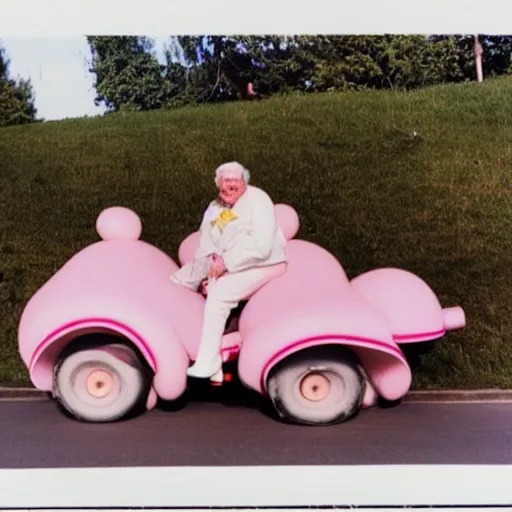 Prompt: a martin parr photo of a grandpa couple, wearing michelin man white body costumes, riding a pink pig, 1 9 7 0 s kodachrome colour photo, flash on camera,