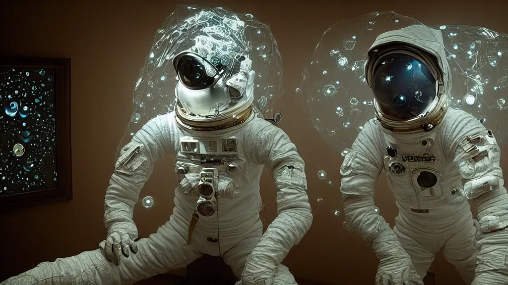 Image similar to a astronaut eva suit covered in diamond 3d fractal lace iridescent bubble 3d skin and covered with insectoid compound eye camera lenses floats through the living room, film still from the movie directed by Denis Villeneuve with art direction by Salvador Dalí, wide lens,