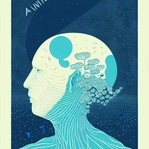 Prompt: a wandering mind, logo, simple white background victo ngai, kilian eng, flat, blue