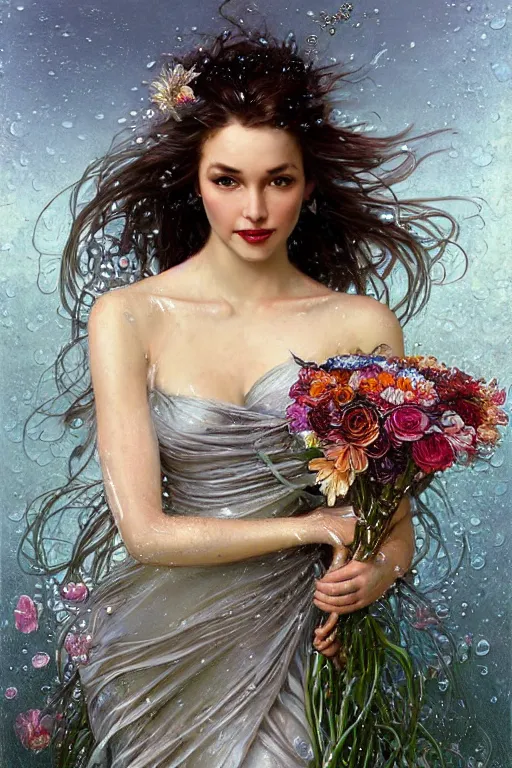 Image similar to portrait of a beautiful woman wearing a silver metalic dress, holding a bouquet of flowing flowers, drenched body, wet dripping hair, emerging from the water, fantasy, regal, fractal crystal, fractal gems, by stanley artgerm lau, greg rutkowski, thomas kindkade, alphonse mucha, loish, norman rockwell.