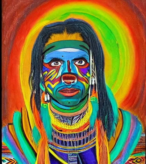 Image similar to Portrait of a shaman dressed in a colorful traditional clothes. His face is painted. Painting in the style of alex grey