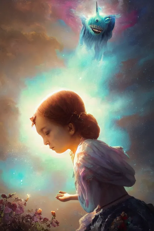 Prompt: a fancy portrait of young girl looking up to a celestial child in a colourful portal to another world by greg rutkowski, sung choi, mitchell mohrhauser, maciej kuciara, johnson ting, maxim verehin, peter konig, bloodborne, 8 k photorealistic, cinematic lighting, hd, high details, dramatic, dark atmosphere, trending on artstation