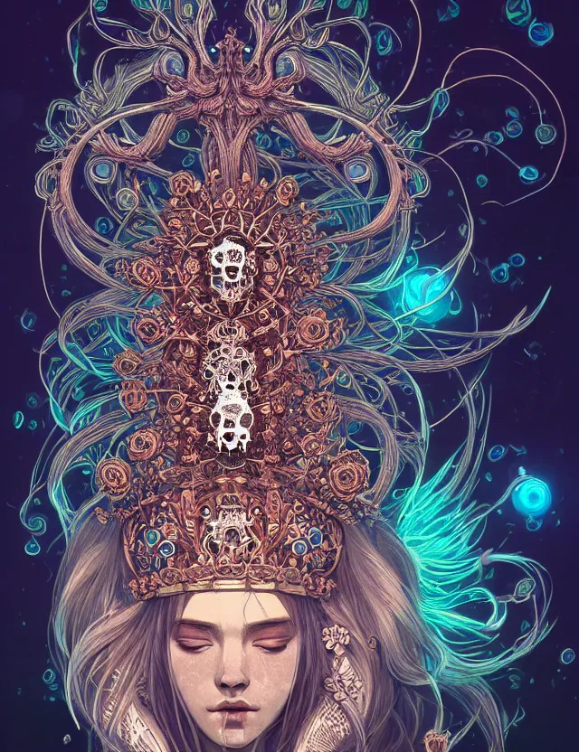 Image similar to symmetrical, centered, goddess close-up portrait wigh crown made of skulls. phoenix betta fish, phoenix, bioluminiscent creature, super intricate ornaments artwork by Tooth Wu and wlop and alena aenami and greg rutkowski