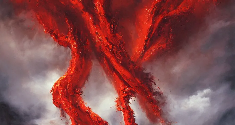 Image similar to a volcano made of ivory vines and crimson rocks enters in eruption, it spits a smoke in the shape of demonic eye, by Rob Hefferan