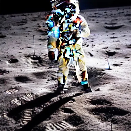 Image similar to a cowboy standing on the moon looks up at the earth above him, 5 0 mm, apollo program photos