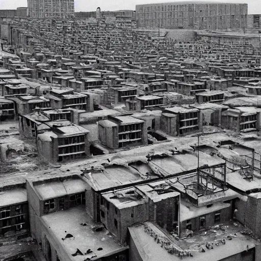 Image similar to brutalist city, prison city, totalitarian prison island, rundown buildings, military buildings, prison complex, colorized 3 5 mm photo