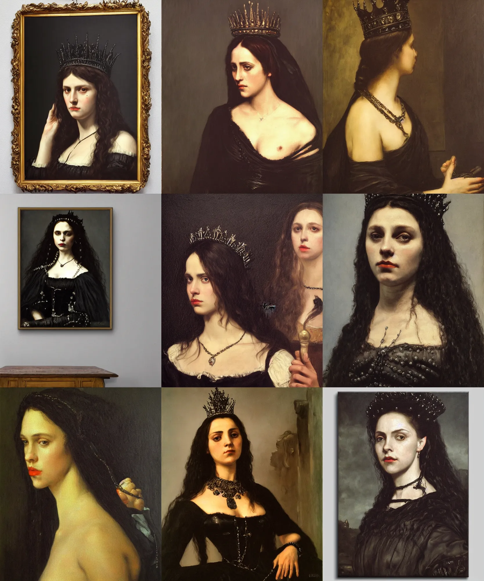 Prompt: The portrait of Lady in black wax crown by Gustave Courbet, dark fantasy, witcher, very detailed oil painting, masterpiece, 8k