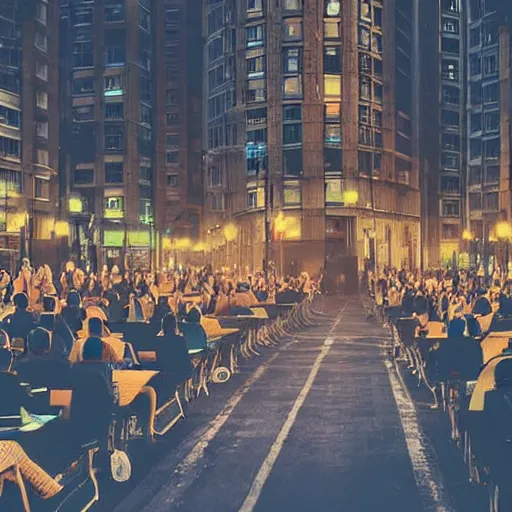 Image similar to people sitting in rows of desks in the middle of a city street, first person view from back row, dream - like atmosphere, high quality digital art