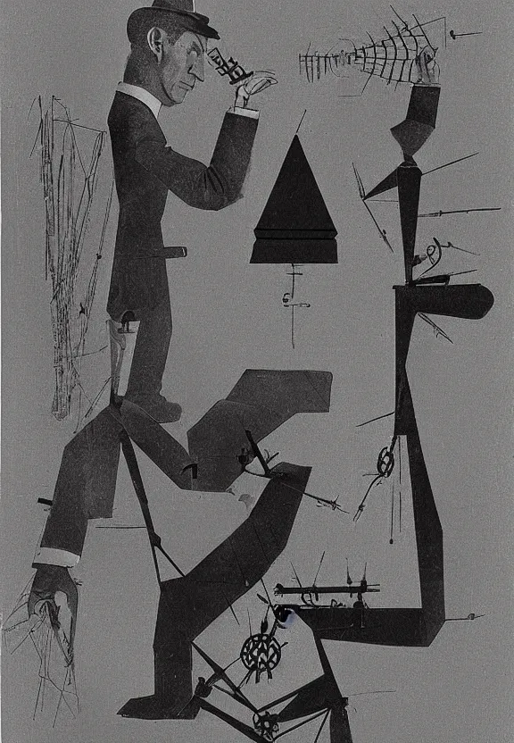 Image similar to a concept drawing of marcel duchamp holding up a chess - piece wire - machine, a surrealist painting by marcel duchamp, complex artificial - intelligence machinery, minimal sketch flow - chart, academic art, 1 9 2 0 s