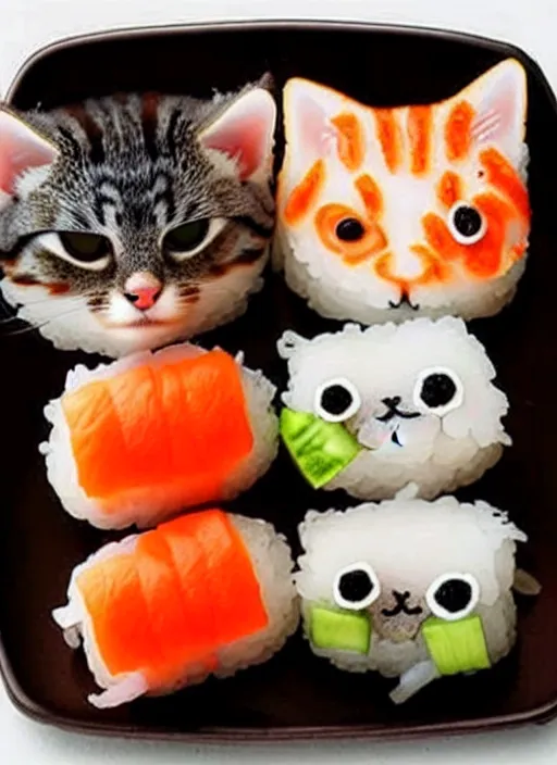 Image similar to clear photorealistic picture of adorable cats made out of sushi