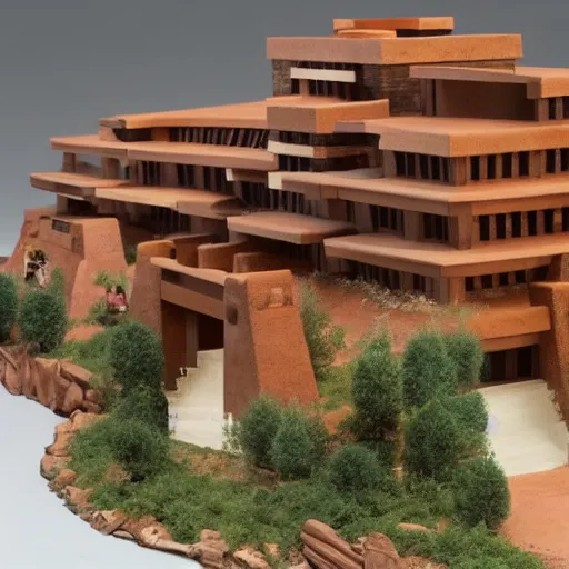 Prompt: native american inspired architectural model of a school in the style of frank lloyd wright