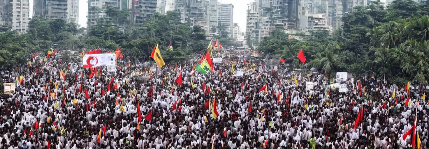 Prompt: jakarta is full of supporters of habib riziq, they demonstrate while carrying jihad flags, very high resolution images, with very fine details, taken by the world's most famous photographers