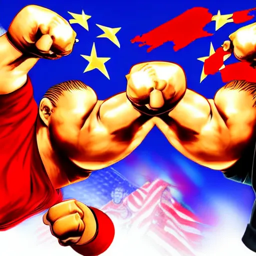 Image similar to xi jinping vs donald trump, street fighter, fight, fistfight, digital art