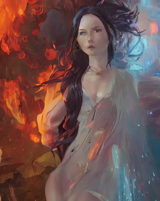 Image similar to red eyed anime girl, flames everywhere, highly detailed, digital painting, artstation, concept art, smooth, sharp focus, illustration, art by artgerm and greg rutkowski and alphonse mucha