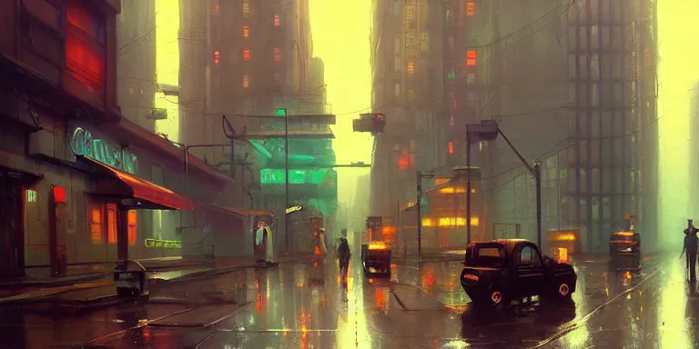 Image similar to painting cyberberpunk city in the rain wet street vaporwave rust grungy, by eric lafforgue, glennray tutor and edward hopper, greg rutkowski. trending on artstation.