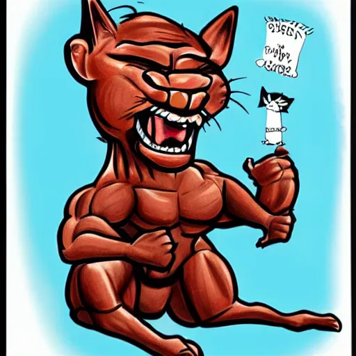 Image similar to a colored caricature drawing of a cat that is a bodybuilder