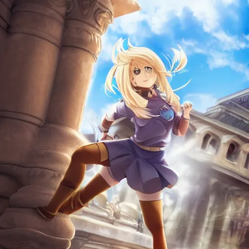 Image similar to blonde - haired princess, anime princess, wearing casual clothes, action pose, parkour, plaza, greco - roman pillars, golden hour, partly cloudy sky, sepia sun, strong lighting, strong shadows, vivid hues, ultra - realistic, sharp details, subsurface scattering, intricate details, hd anime, 2 0 1 9 anime