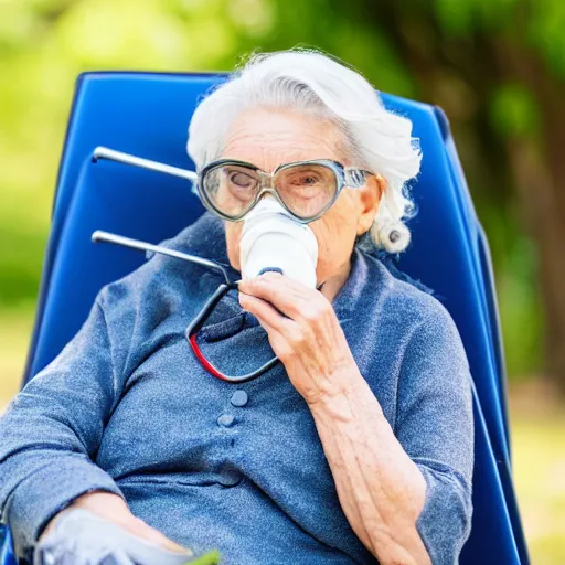 Image similar to an older woman sitting in a park using an oxygen tank. the oxygen tubing is attached to her nose, 4 k,