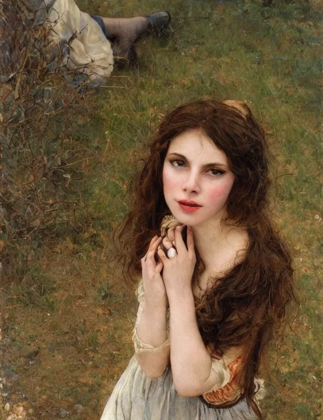Image similar to tempting peasant girl with deep seductive décolleté looking in the camera, on a village, high angle view, portrait, Cinematic focus, Polaroid photo, vintage, neutral colors, soft lights, foggy, by Steve Hanks, by Serov Valentin, by lisa yuskavage, by Andrei Tarkovsky 8k render, detailed, oil on canvas