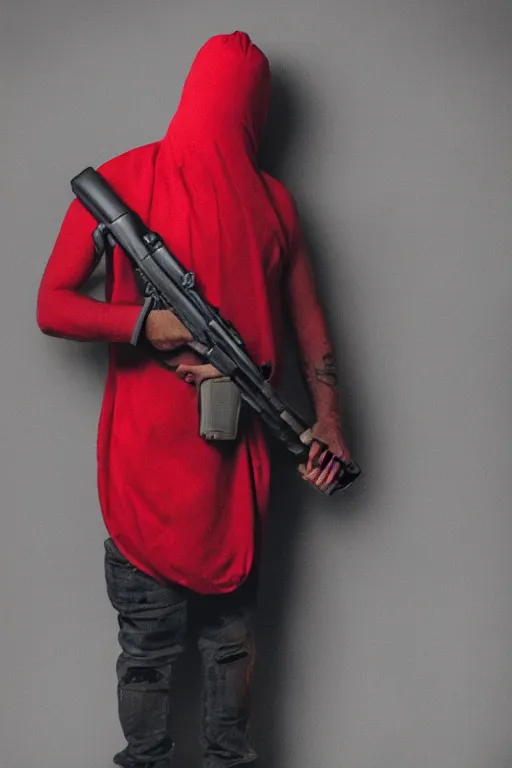 Image similar to man wearing a red sack over his head holding a gun, bloody, looking at the camera