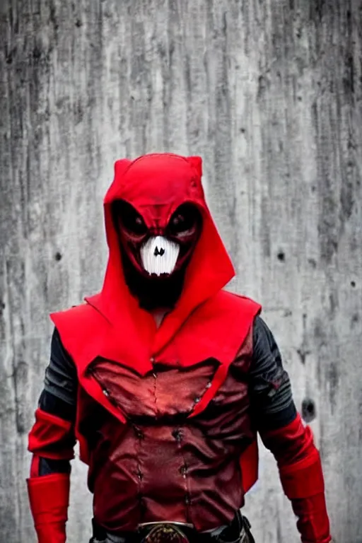 Image similar to red hood cosplay, creepy, disturbing