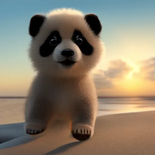 Prompt: a closeup photorealistic photograph of a panda themed Pomeranian puppy at the beach during sunset This 4K HD image is Trending on Artstation, featured on Behance, well-rendered, extra crisp, features intricate detail and the style of Unreal Engine.