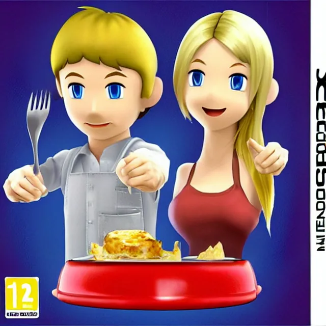 Prompt: videogame box art for the game'gratin maker 3 ds'( 2 0 0 5 ) showing a blonde female mii and a brunette male mii smiling in a kitchen with a gratin in front of them, low poly, cgi cartoon, detailed