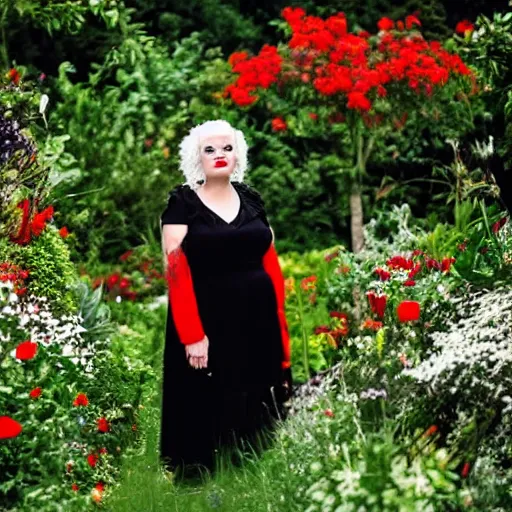 Image similar to A woman standing in a black dress, black and red lips and white hair, she stands in a garden with flowers and birds