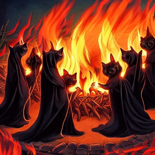 Prompt: a cult of black cloak wearing kittens summon a fire goddess from the depths of a raging fire pit, flames are emerging from fissures in the ground.