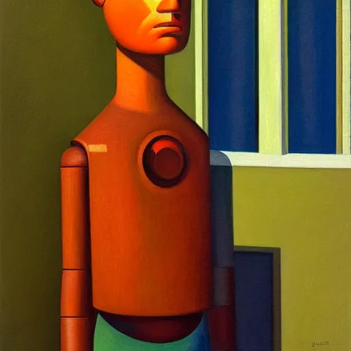 Image similar to super - intelligent robot with kind eyes portrait, grant wood, pj crook, edward hopper, oil on canvas